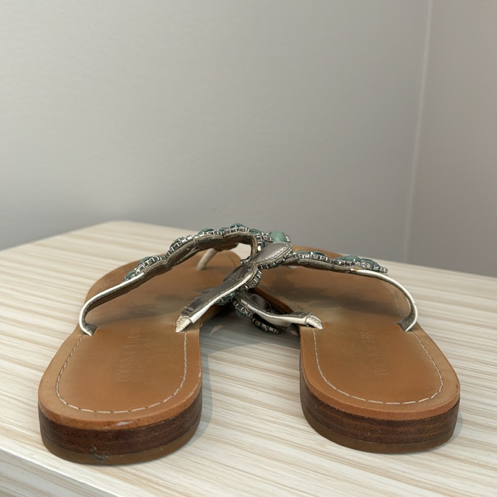 Ivanka Trump Tan Sandals with Aqua Floral Gem Accents - Picture 4 of 9